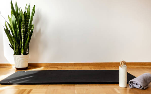 Towel, bottle with water with yoga mat in living room for Pilates, online class and streaming. Health, wellness and exercise equipment with home gym setup for training, workout.